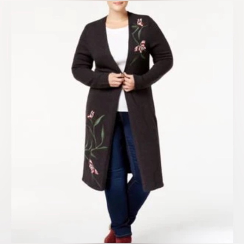Style & Co Charcoal Butterfly & Leaf Embroidered Cardigan SZ XL